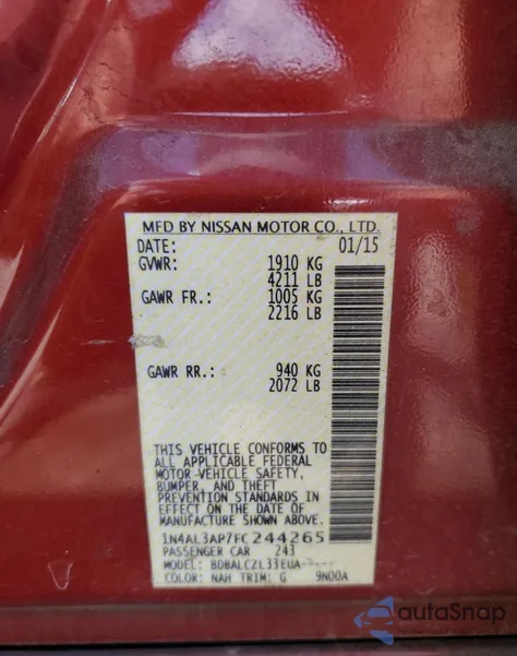 2015 Nissan Altima 2.5 z USA, uszkodzony, nr VIN 1N4AL3AP7FC244265